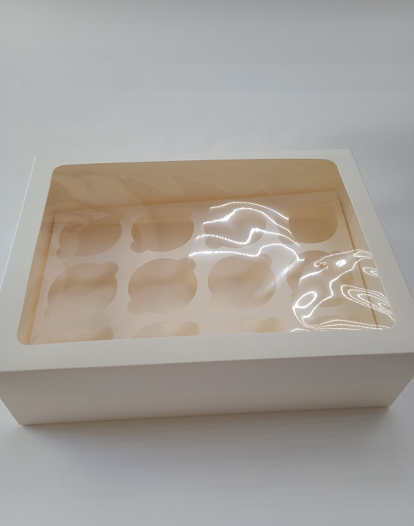 Коробка для капкейков на 12 шт. с окном и с ложементом-вкладышем (белая)